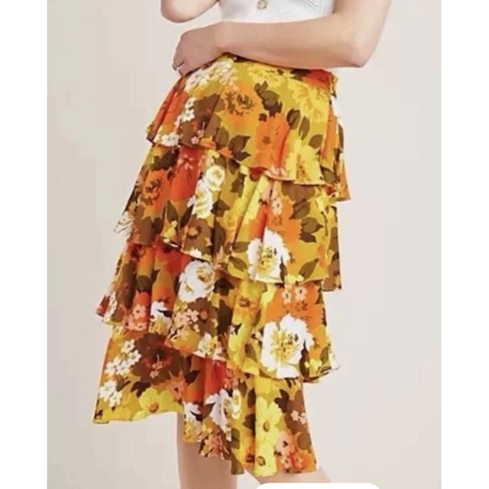 ANTHROPOLOGIE WOLVEN WOMENs RAYON FLORAL RUFFLE TIERED MAVIS SKIRT 10 NWT orange